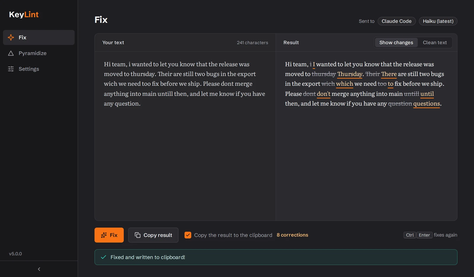 KeyLint's Fix page: the original text on the left, the corrected text on the right with new words underlined in orange and removed words struck through