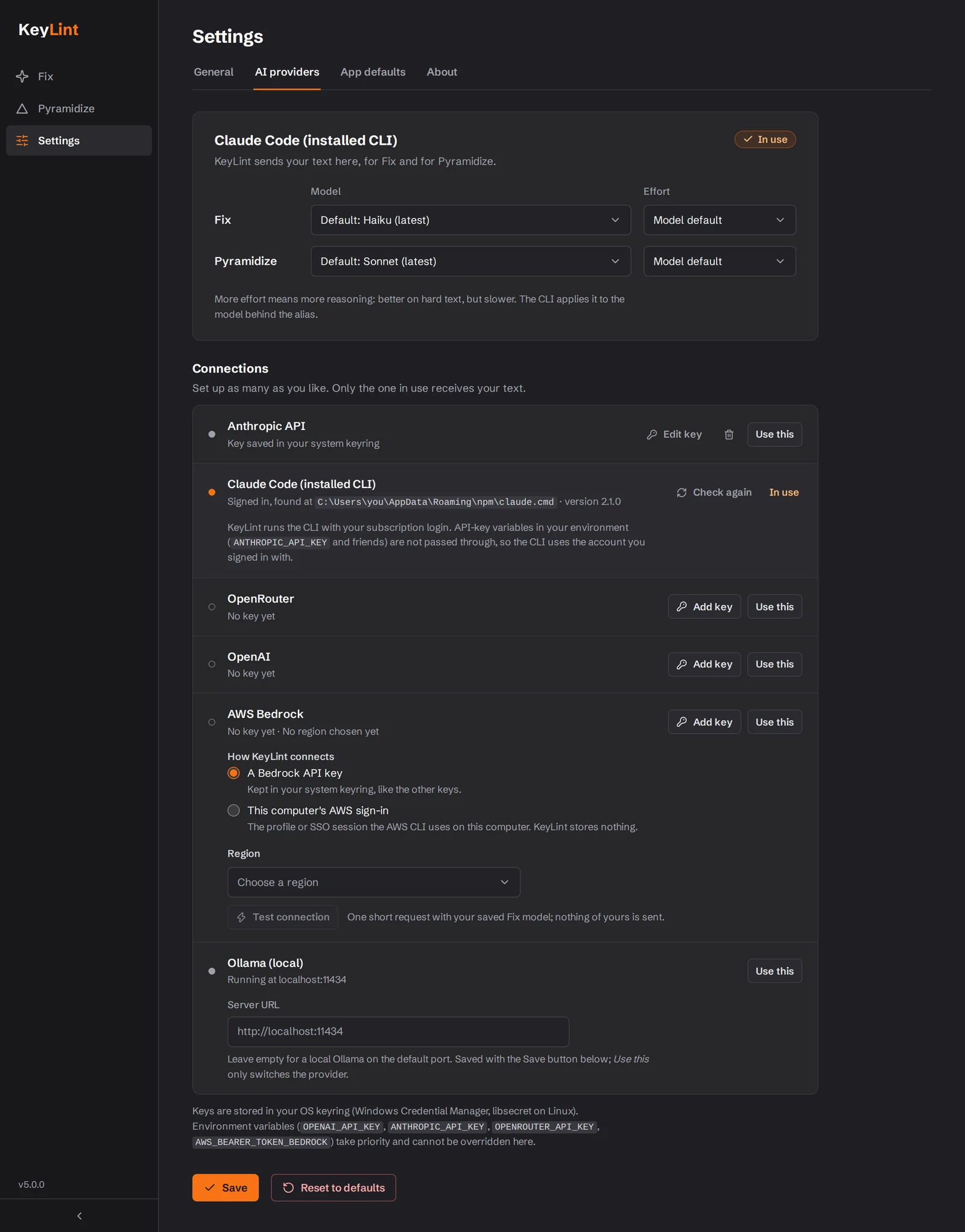 KeyLint Settings, AI providers tab: the installed Claude Code CLI is in use and signed in, with model choices for Fix and Pyramidize; the Anthropic API, OpenRouter, OpenAI, AWS Bedrock and a local Ollama are listed as other connections